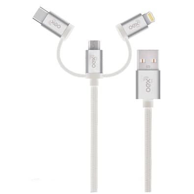Cabo Trio OEX CE301, USB Com Conectores Micro USB, Type-C E Lightning em Nylon Trançado, 1 Metro, Cinza - 500074