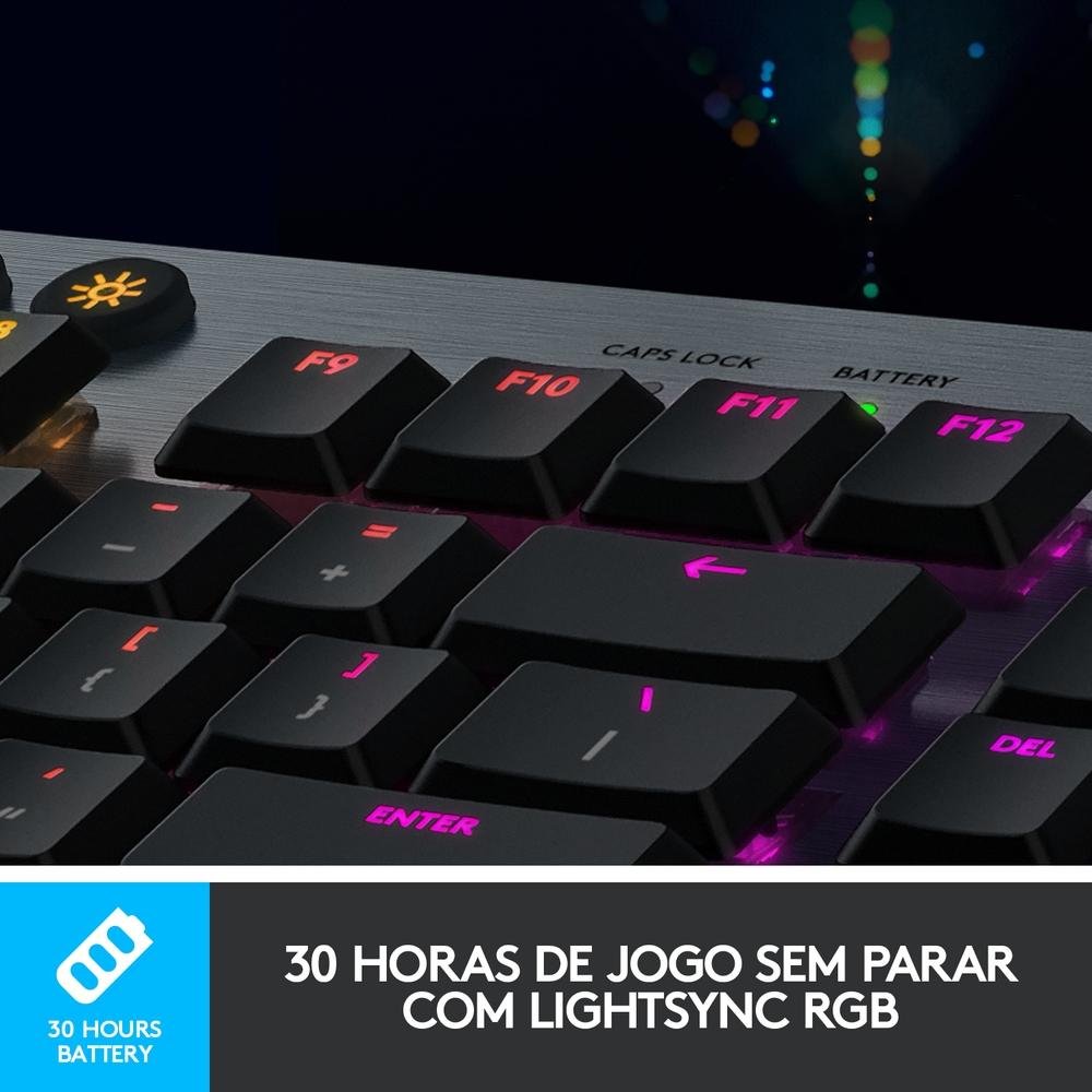 Teclado Mecânico Gamer Sem Fio Logitech G915 LIGHTSPEED RGB LIGHTSYNC, USB ou Bluetooth, Ultrafino, Switch GL Tactile, Preto - 920-008902