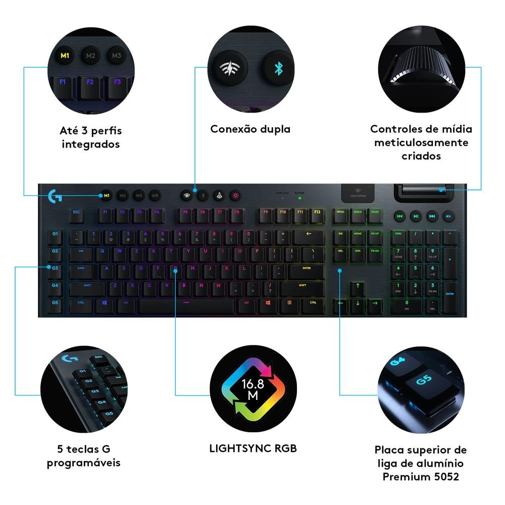 Teclado Mecânico Gamer Sem Fio Logitech G915 LIGHTSPEED RGB LIGHTSYNC, USB ou Bluetooth, Ultrafino, Switch GL Tactile, Preto - 920-008902