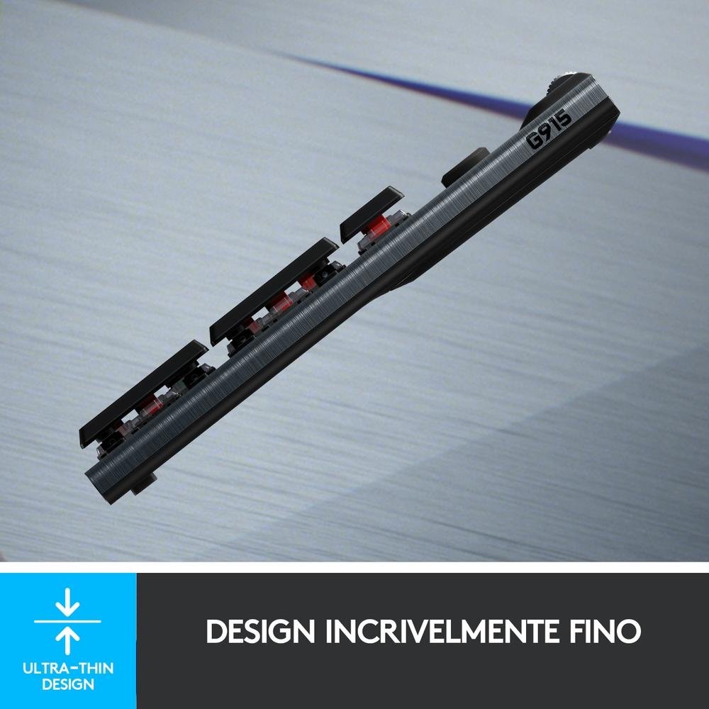 Teclado Mecânico Gamer Sem Fio Logitech G915 LIGHTSPEED RGB LIGHTSYNC, USB ou Bluetooth, Ultrafino, Switch GL Tactile, Preto - 920-008902