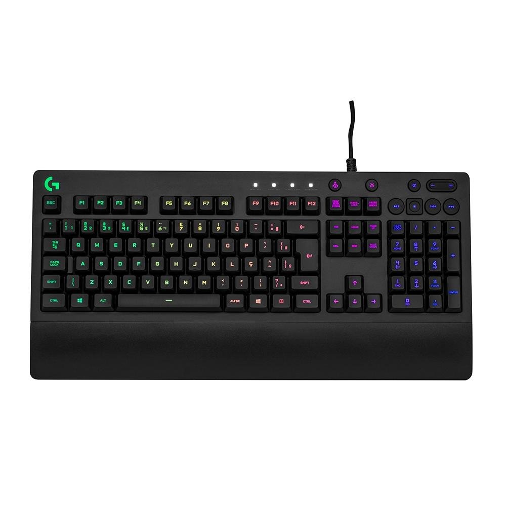 Teclado Gamer Logitech G213, RGB LIGHTSYNC, Controles de Mídia Dedicados, Design Durável Resistente à Respingos, ABNT2, Preto - 920-009438