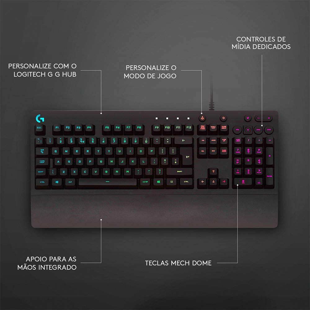 Teclado Gamer Logitech G213, RGB LIGHTSYNC, Controles de Mídia Dedicados, Design Durável Resistente à Respingos, ABNT2, Preto - 920-009438 Teclado Gamer Logitech G213, RGB LIGHTSYNC, Controles de Mídia Dedicados, Design Durável Resistente à Respingos, ABNT2, Preto - 920-009438