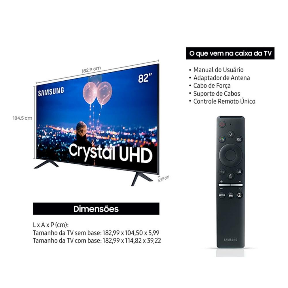 Smart TV Samsung 82 Polegadas Crystal UHD 4K, 3 HDMI, Design sem