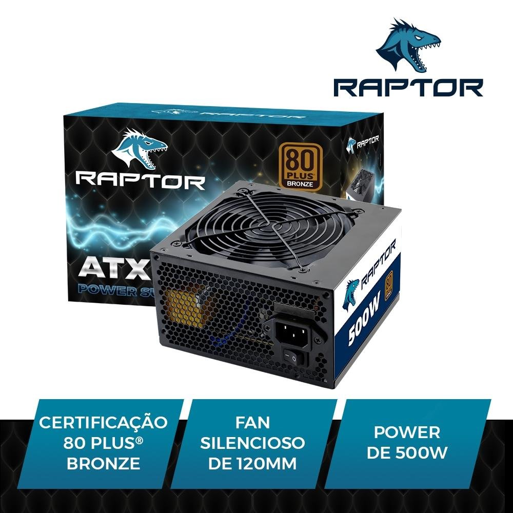 Fonte Raptor, 500W, 80 Plus Bronze, PFC Ativo, Com Cabo, Preto - FT251BRA