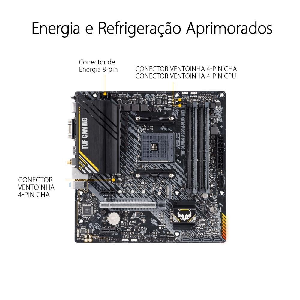 Placa-Mãe ASUS TUF GAMING A520M-PLUS WIFI, AMD AM4, RGB, mATX, DDR4, Preto - 90MB17F0-M0EAY0 Placa-Mãe ASUS TUF GAMING A520M-PLUS WIFI, AMD AM4, RGB, mATX, DDR4, Preto - 90MB17F0-M0EAY0