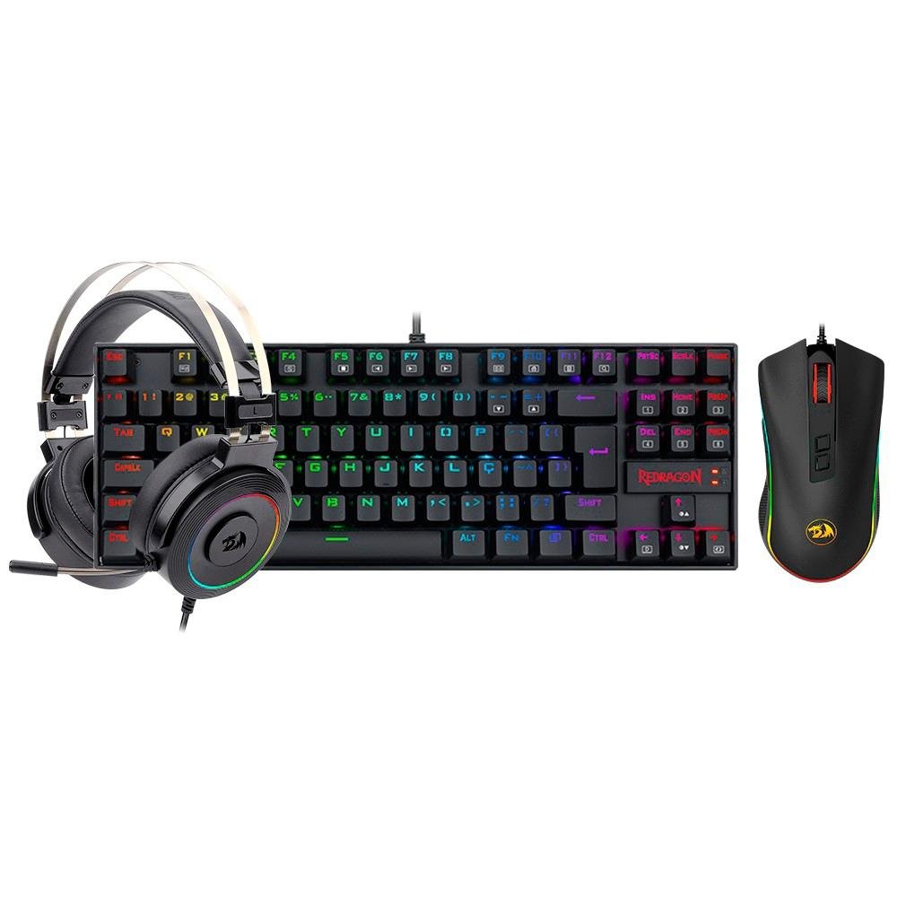 Kit Gamer Redragon RGB, Headset Lamia 2 Surround 7.1 + Teclado Kumara Switch Outemu Blue + Mouse Cobra M711 12400 DPI, Preto - S125