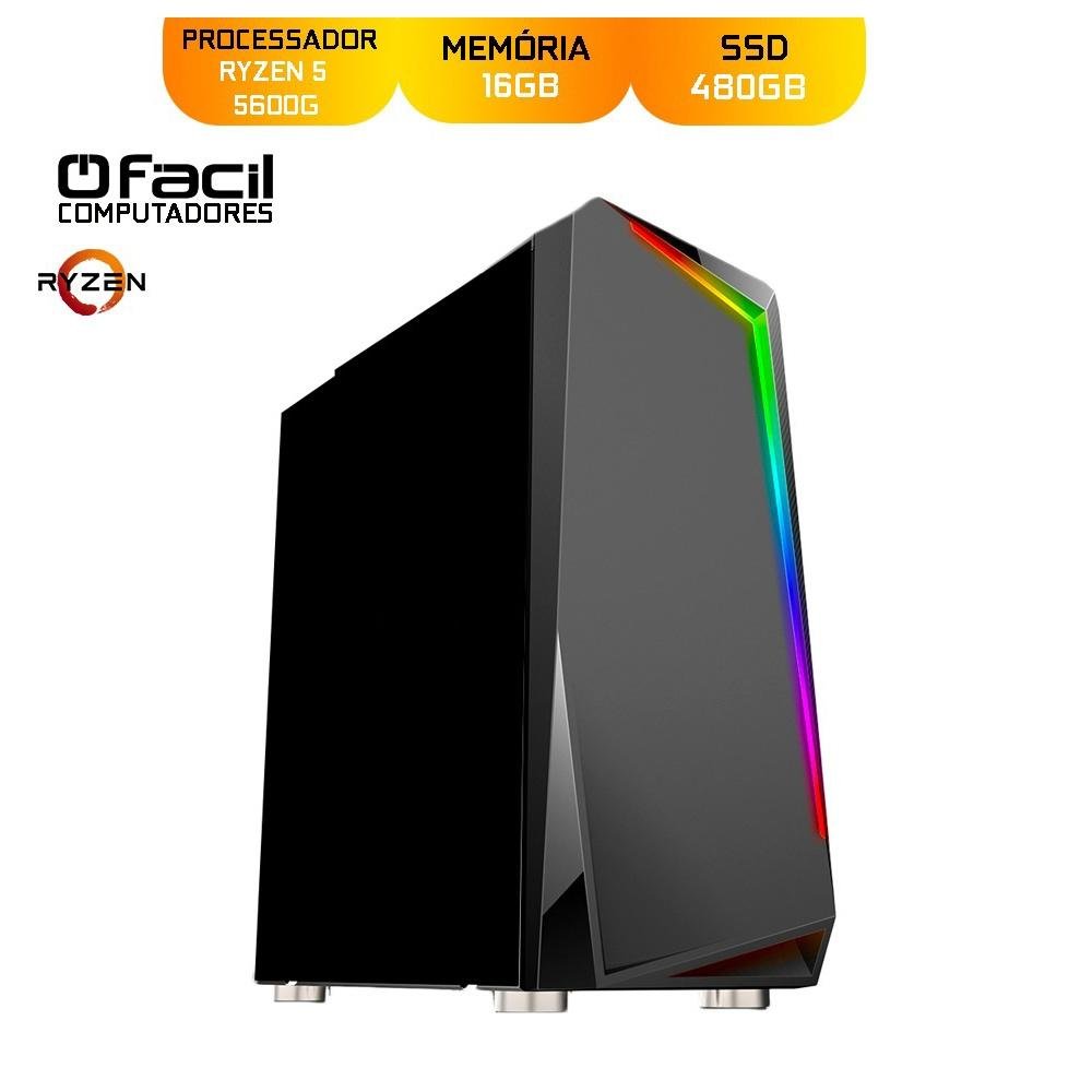PC Gamer Fácil AMD Ryzen 5-5600G, RGB, 16GB RAM, SSD 480GB, Linux, Preto - 18343 PC Gamer Fácil AMD Ryzen 5-5600G, RGB, 16GB RAM, SSD 480GB, Linux, Preto - 18343