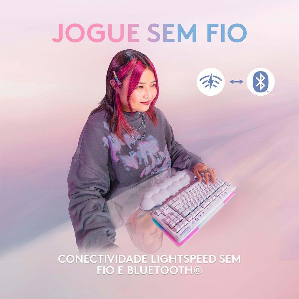 Teclado Mecânico Gamer Sem Fio Logitech G715, Coleção Aurora, LIGHTSPEED Switch GX Linear Red, RGB, ABNT2, Branco - 920-010706