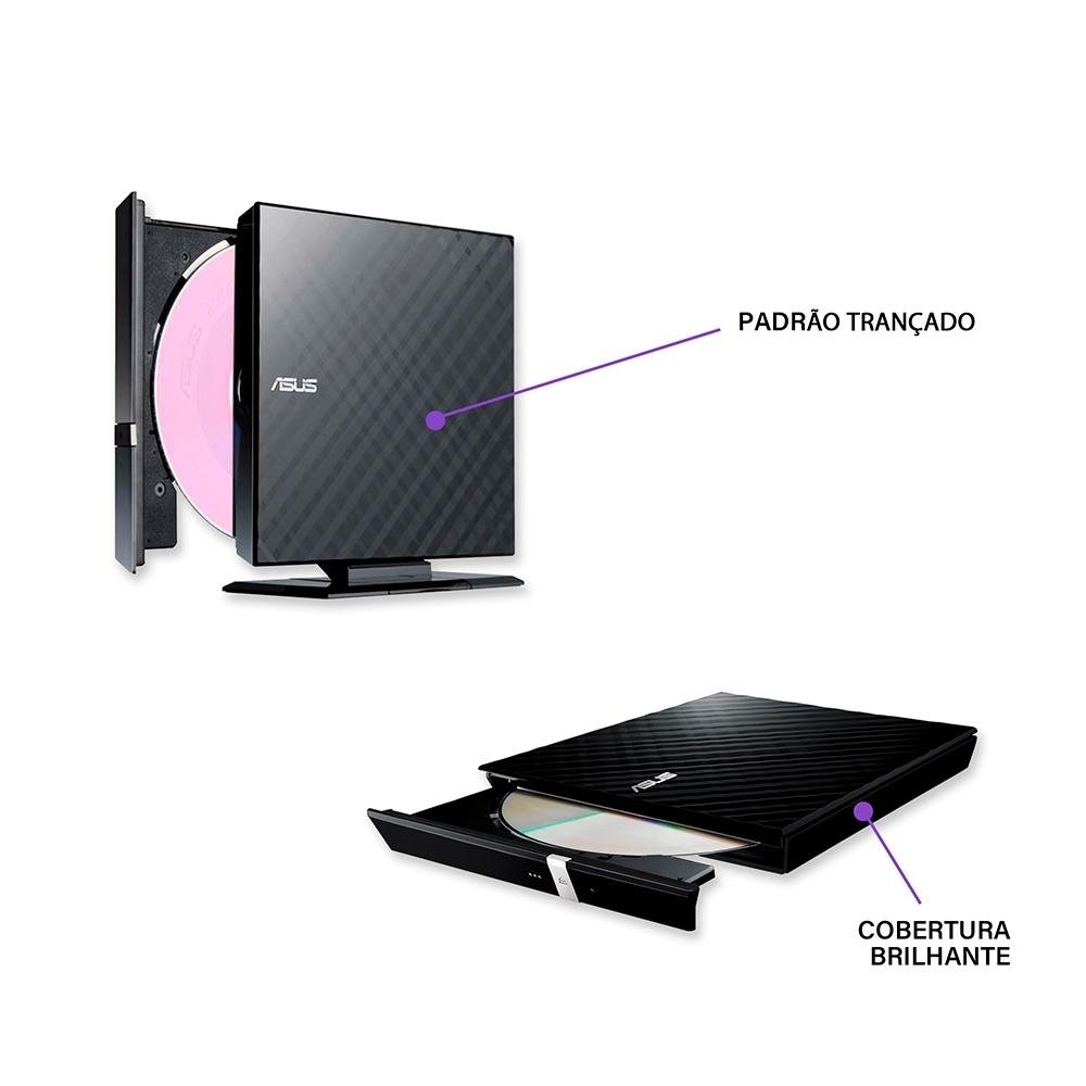 Drive ASUS Gravador Externo CD/DVD, Leitor CD/DVD, Windows e MAC, USB, Preto - SDRW-08D2S-U/BLK/G/AS