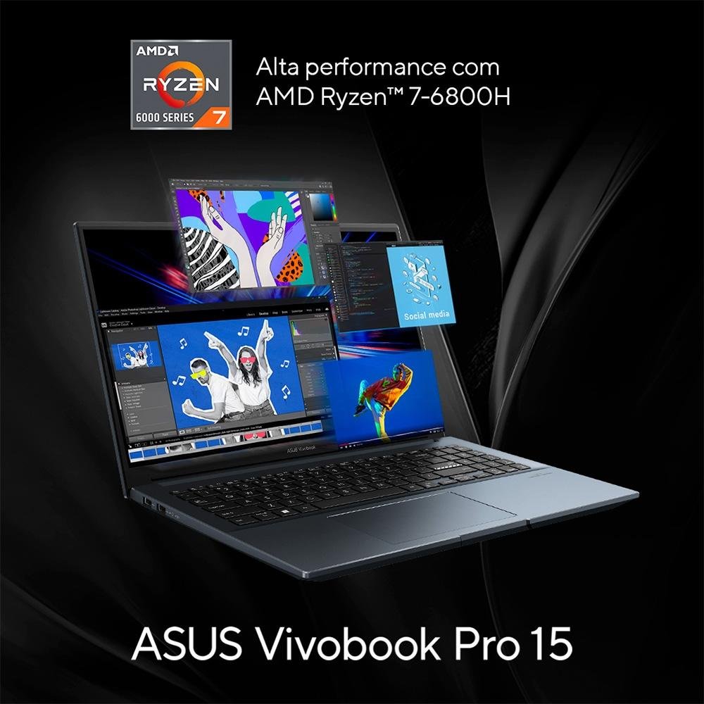 Notebook Gamer ASUS Vivobook Pro 15 AMD Ryzen 7-6800H, 16GB RAM, GeForce RTX3050, SSD 512GB, 15.6" FHD, Win11, Azul - M6500RC-HN088W Notebook Gamer ASUS Vivobook Pro 15 AMD Ryzen 7-6800H, 16GB RAM, GeForce RTX3050, SSD 512GB, 15.6" FHD, Win11, Azul - M6500RC-HN088W
