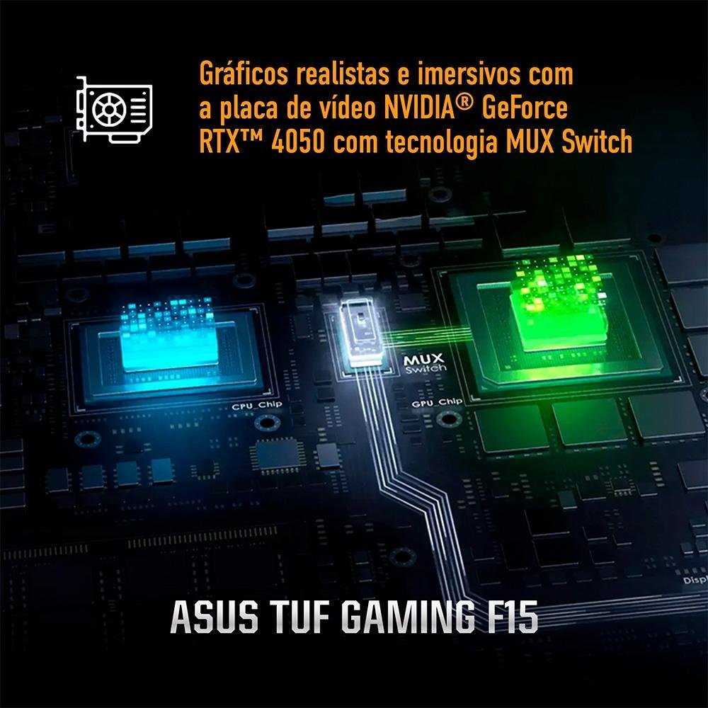 Notebook Gamer ASUS TUF Gaming F15 FX507VU, Intel Core i7-13620H, RTX 4050, 16GB RAM, SSD 512GB, 15,6", Win 11H, Mecha Gray - FX507VU-LP177W Notebook Gamer ASUS TUF Gaming F15 FX507VU, Intel Core i7-13620H, RTX 4050, 16GB RAM, SSD 512GB, 15,6", Win 11H, Mecha Gray - FX507VU-LP177W