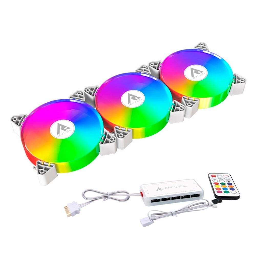 Kit Com 3 Ventoinhas Ryvel Snowy, 3x 120mm, Led ARGB, Branco - RY-FN-SW-WT