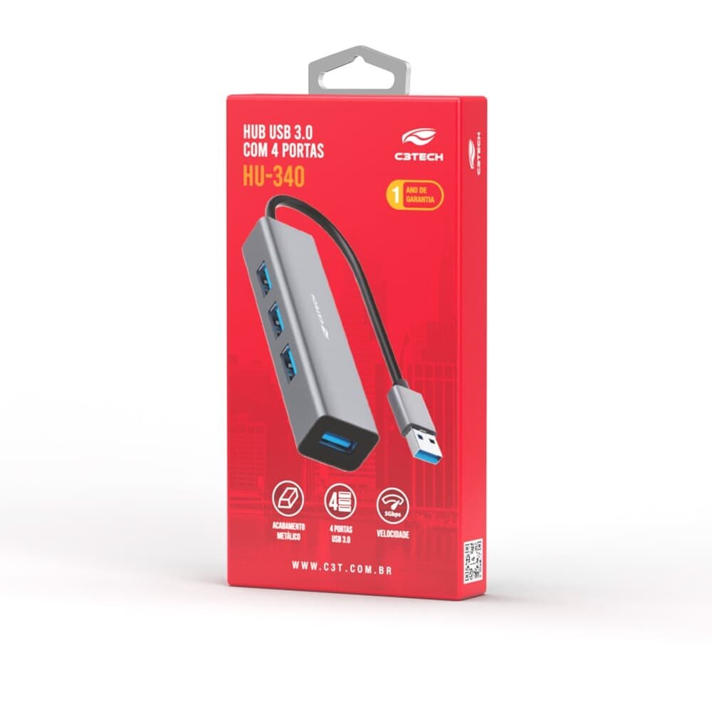 HUB C3Tech USB 3.0, para 4x USB 3.0, Cinza - HU-340GY