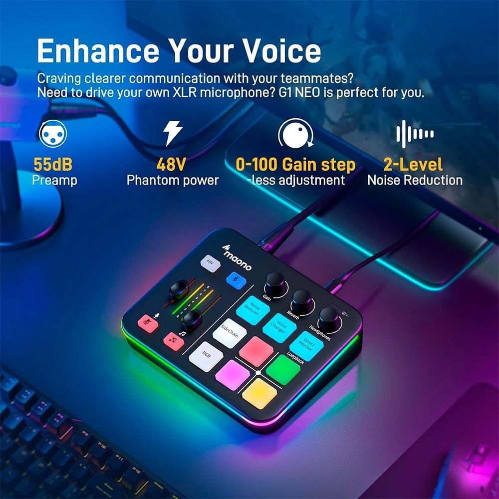 Mesa de Som Maono Caster G1 NEO, RGB, USB, Bluetooth e XLR, Preto - G1 NEO
