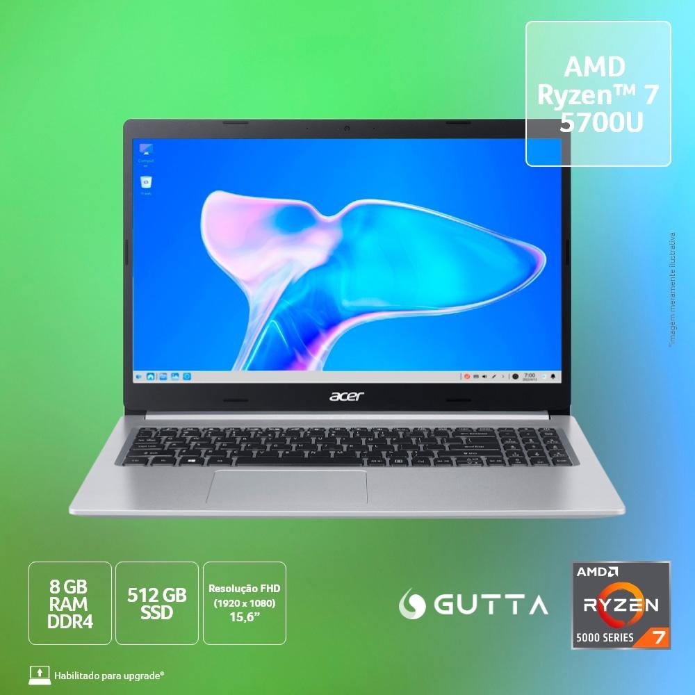 Notebook Acer Aspire 5 AMD Ryzen 7 5700U, 8GB RAM, SSD 512GB, 15,6" LED Full HD, Linux Gutta - A515-45-R74D Notebook Acer Aspire 5 AMD Ryzen 7 5700U, 8GB RAM, SSD 512GB, 15,6" LED Full HD, Linux Gutta - A515-45-R74D
