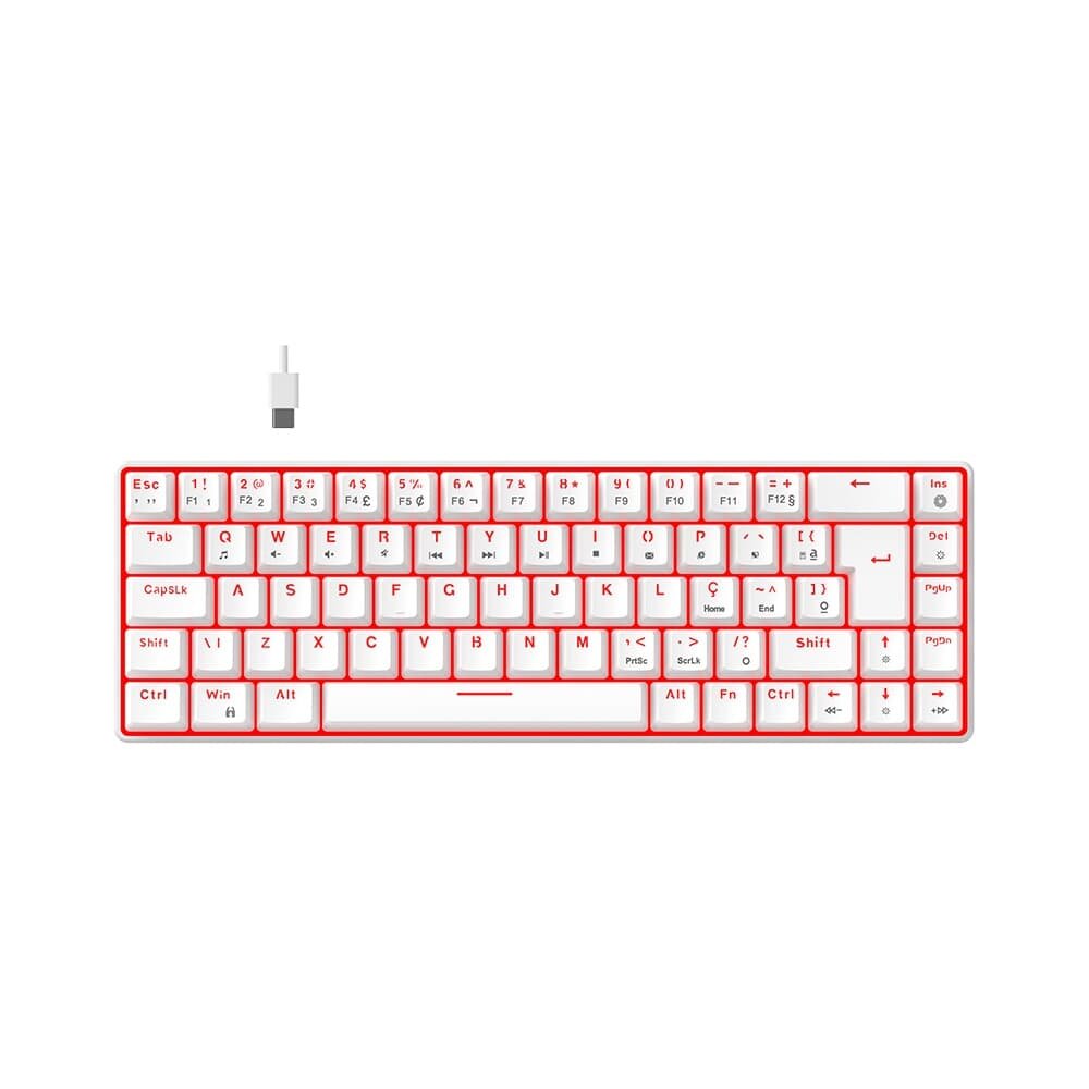 Teclado Mecânico Gamer Hyrax Thunder Pro, Switch Huano Vermelho,LED Vermelho, Layout 65%, USB-C, ABNT2, Branco - HCK65W-RED-LED
