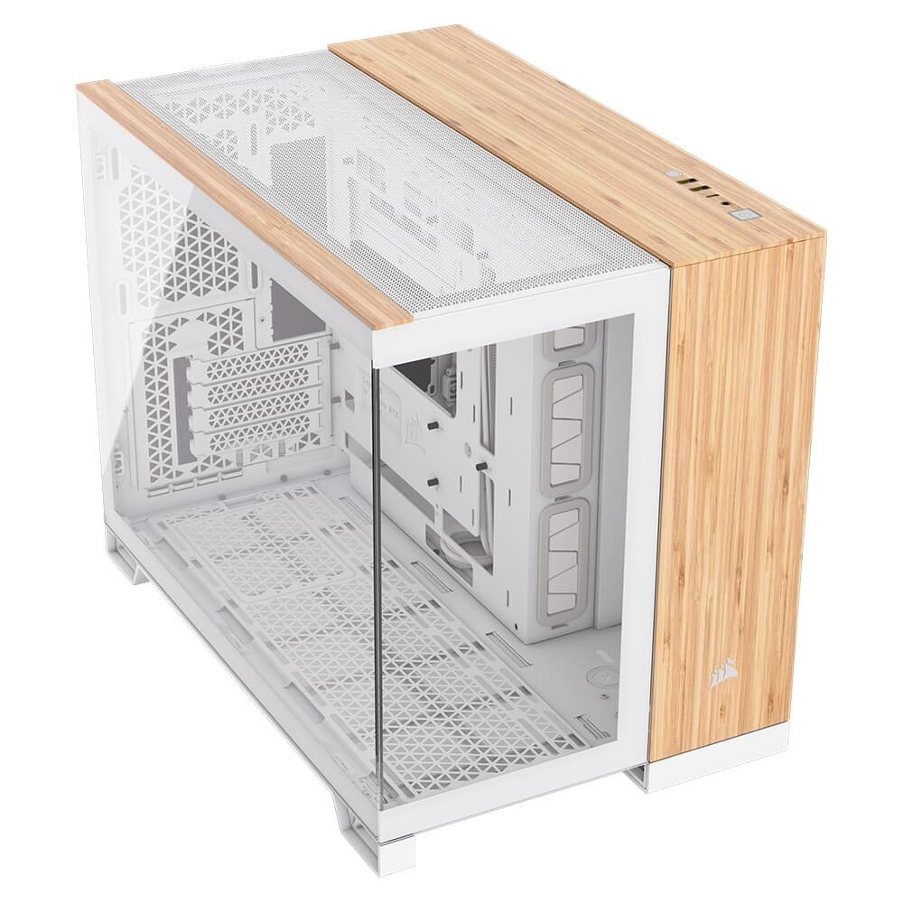Gabinete Gamer Corsair 2500X Mid Tower, M-ATX, Lateral em Vidro temperado, Sem FANs, Branco e Madeira - CC-9011288-WW Gabinete Gamer Corsair 2500X Mid Tower, M-ATX, Lateral em Vidro temperado, Sem FANs, Branco e Madeira - CC-9011288-WW