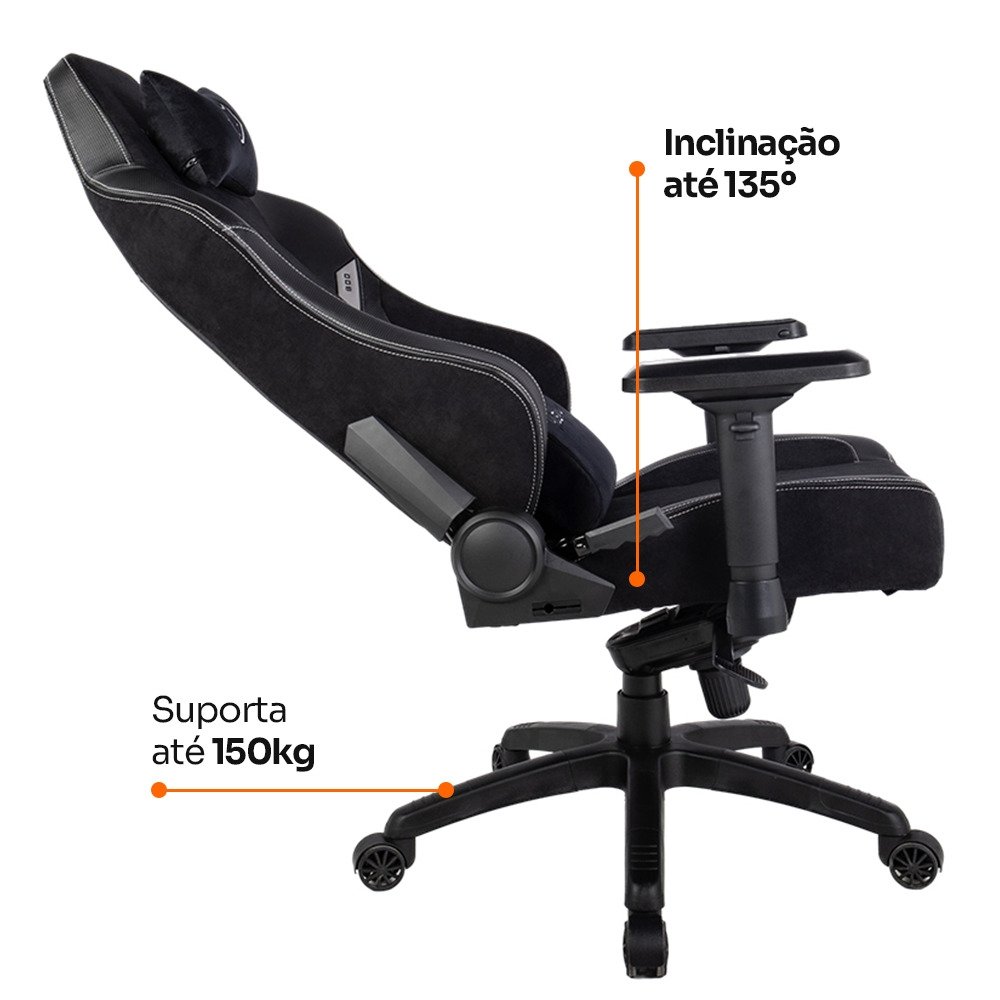 Cadeira Gamer Husky Saucer, Até 150Kg, Braço 4D, Almofadas de Apoio, Massageador de Lombar, Reclinável 135º, Tecido, Preta - HCG800PTT - view 10