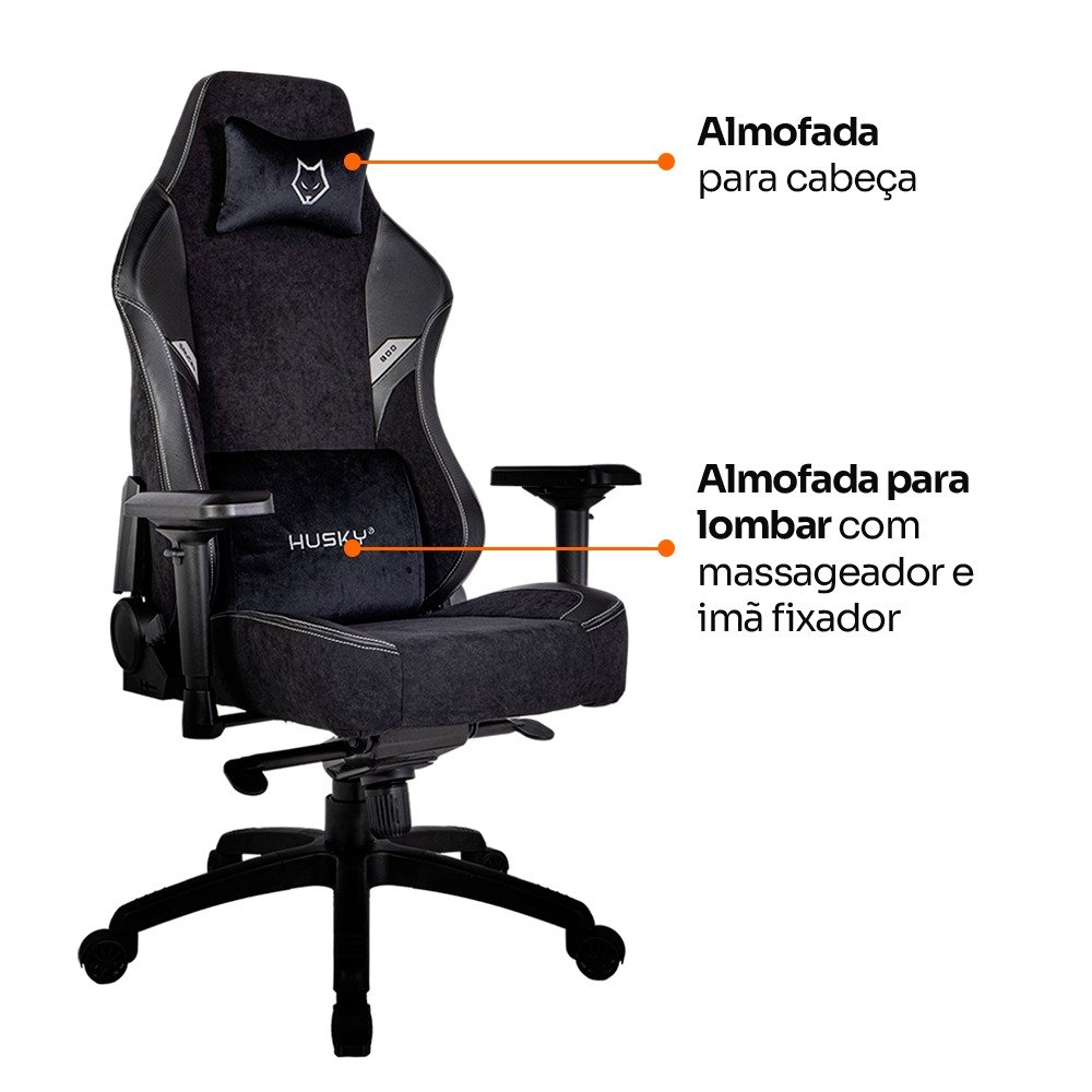 Cadeira Gamer Husky Saucer, Até 150Kg, Braço 4D, Almofadas de Apoio, Massageador de Lombar, Reclinável 135º, Tecido, Preta - HCG800PTT - view 7