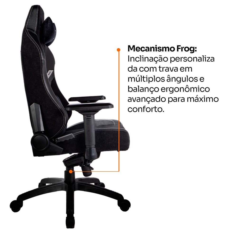 Cadeira Gamer Husky Saucer, Até 150Kg, Braço 4D, Almofadas de Apoio, Massageador de Lombar, Reclinável 135º, Tecido, Preta - HCG800PTT - view 4