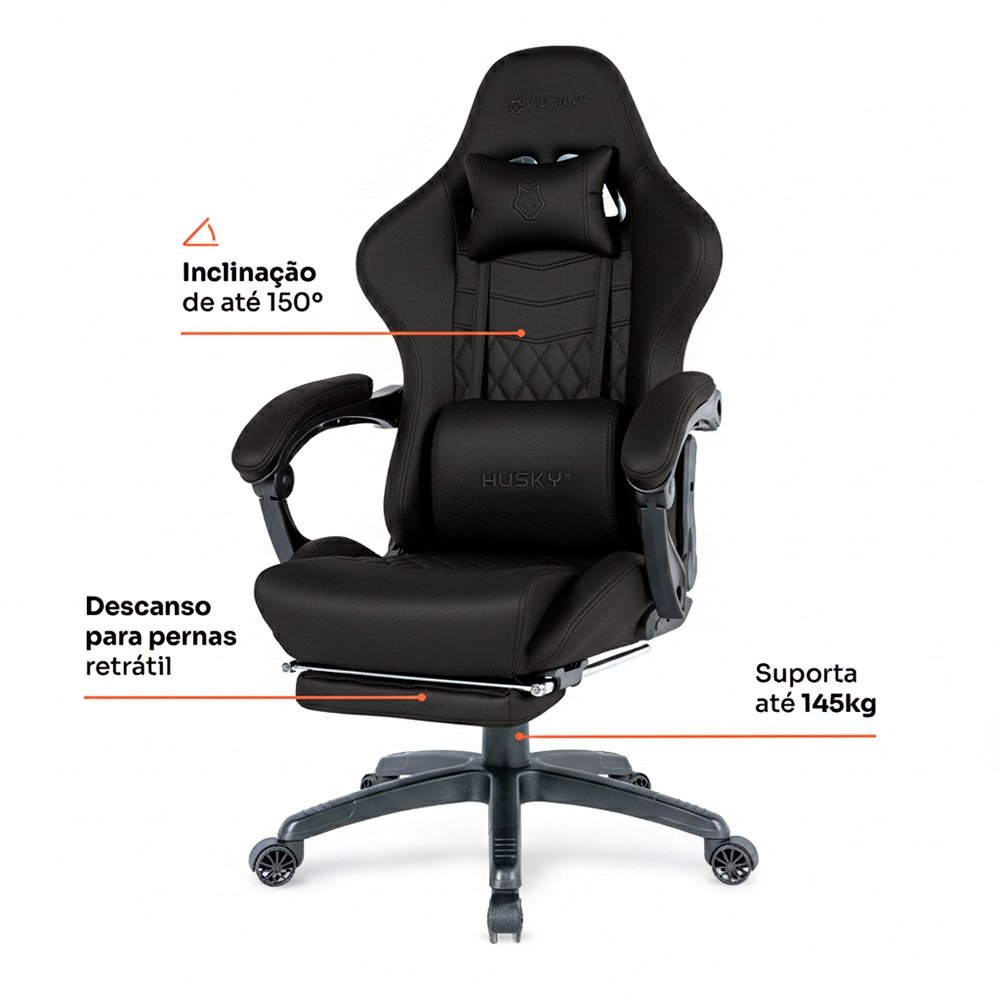 Cadeira Gamer Husky Tempest 700, Até 145kg, Almofadas, Reclinável 150º, Tecido, Descanso para Pés, Preta - HCG700PTT - view 8
