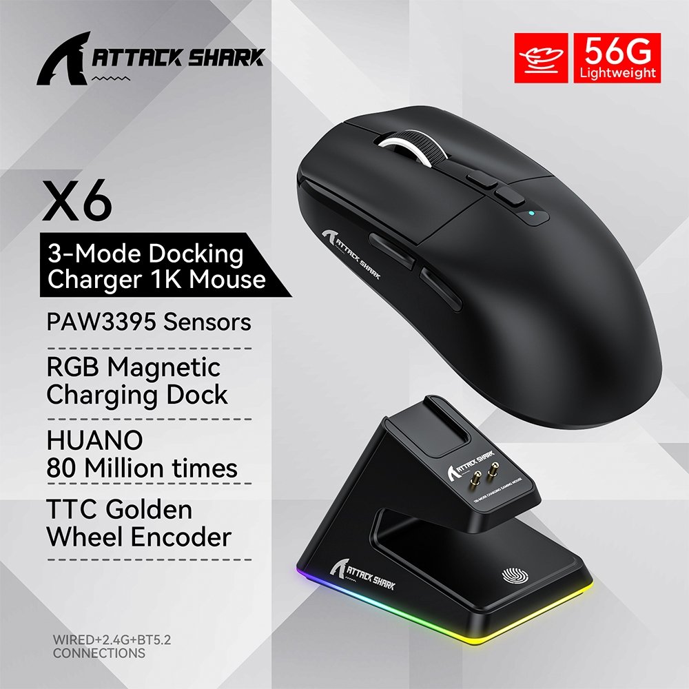 Mouse Gamer sem Fio Attack Shark X6 Ultraleve com Base de Carregamento Magnético RGB, Tri-Mode, 26.000 DPI, Sensor Óptico PAW3395, 7 Botões Programáveis - Preto Mouse Gamer sem Fio Attack Shark X6 Ultraleve com Base de Carregamento Magnético RGB, Tri-Mode, 26.000 DPI, Sensor Óptico PAW3395, 7 Botões Programáveis - Preto