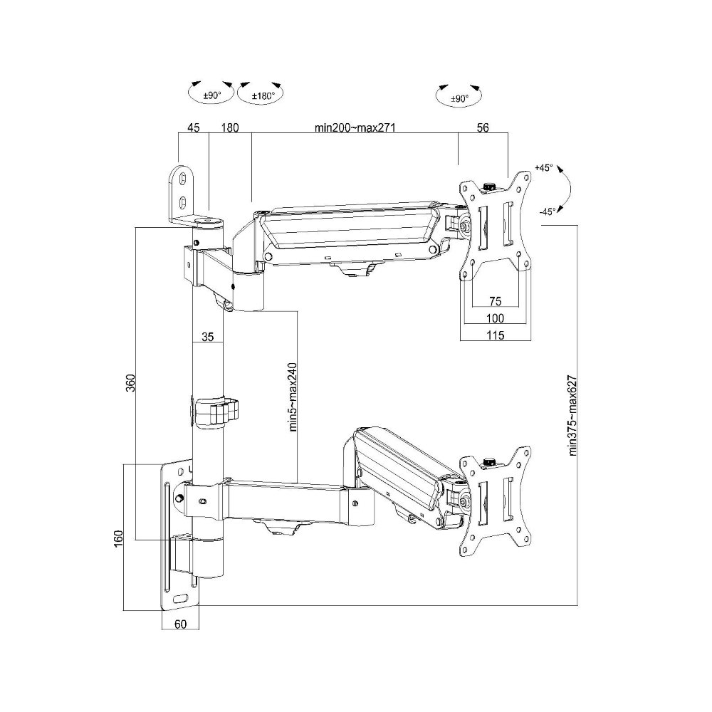 Suporte de Parede Articulado para 2 Monitores de 17" a 32" Ergofirst, Ajuste com Pistão a Gás, Preto - G16-124