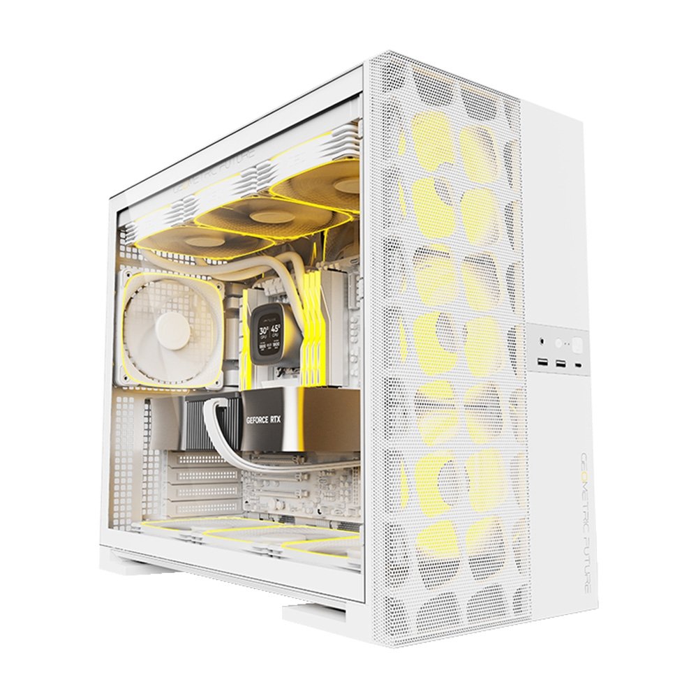 Gabinete Gamer Geometric Future Model 5 Nvidia Style, Mid Tower, ATX, Lateral em Vidro Temperado, Sem FANs, Branco - GEO-M5V-W