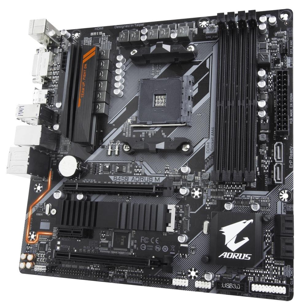 Placa-Mãe Gigabyte Aorus B450 Aorus M, AMD AM4, mATX, DDR4, Preto Placa-Mãe Gigabyte Aorus B450 Aorus M, AMD AM4, mATX, DDR4, Preto