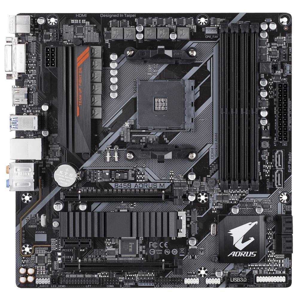 Placa-Mãe Gigabyte Aorus B450 Aorus M, AMD AM4, mATX, DDR4, Preto Placa-Mãe Gigabyte Aorus B450 Aorus M, AMD AM4, mATX, DDR4, Preto