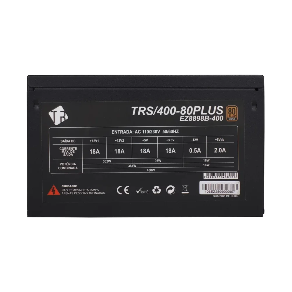 Fonte De Alimentação 400w Tronos 80 Plus Bronze Bivolt Gamer Preto