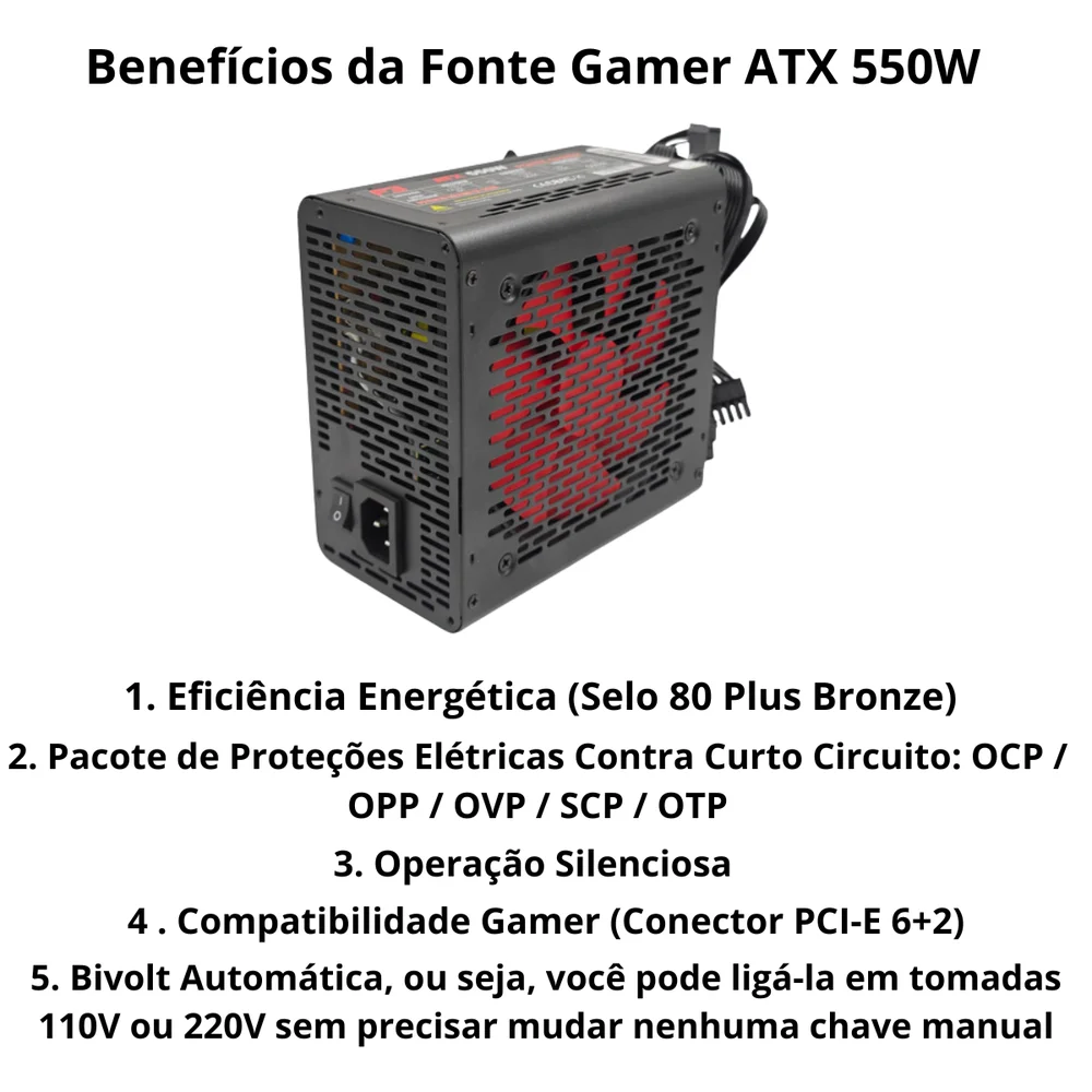 Fonte Gamer Atx 550w  80 Plus Bronze Com Cabo Ft8-550