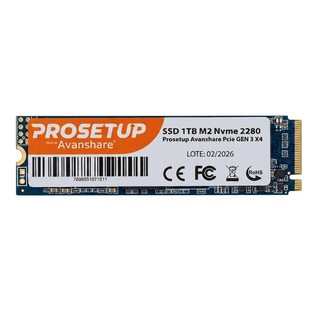 SSD 1TB M2 Nvme 2280 Prosetup Avanshare PCie Gen 3 X4 Leitura 1700mb/s Gravacao 1100mb/s SSD 1TB M2 Nvme 2280 Prosetup Avanshare PCie Gen 3 X4 Leitura 1700mb/s Gravacao 1100mb/s