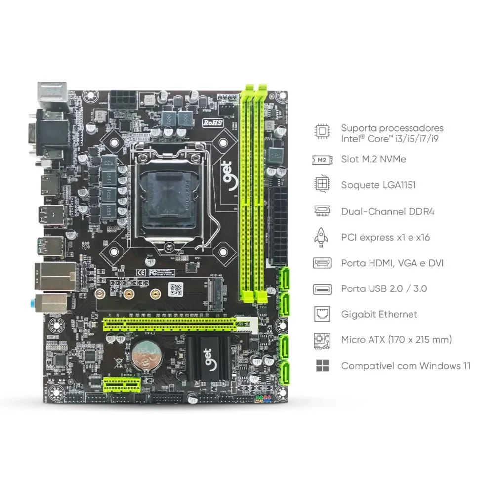 Placa Mãe LGA 1151 Get H310 Ddr4 M.2, Suporte Para Processadores Intel De 8ª E 9ª Geração Placa Mãe LGA 1151 Get H310 Ddr4 M.2, Suporte Para Processadores Intel De 8ª E 9ª Geração