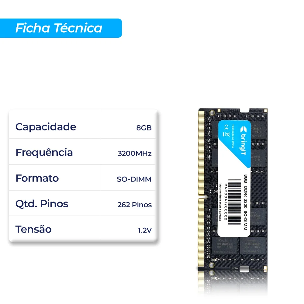 Memória Ram Bringit Para Notebook 8GB Ddr4 3200mhz Memória Ram Bringit Para Notebook 8GB Ddr4 3200mhz