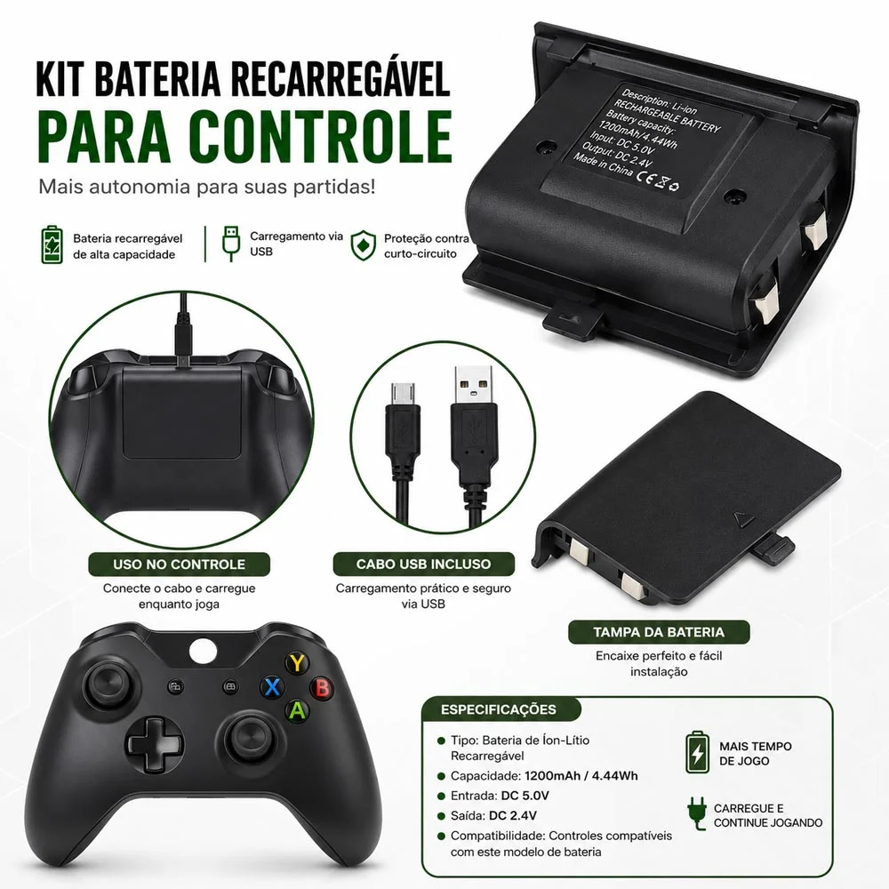 Bateria E Cabo De Recarga Usb Compatível Com Controle Sem Fio X Box One