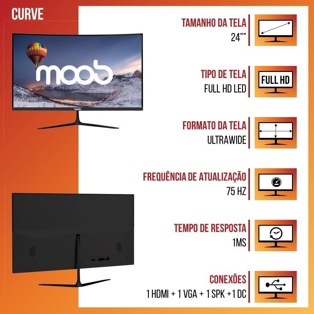 Monitor Moob 24 Polegadas, Full HD, 75Hz, 2ms, LED, Tela Curva, HDMI Monitor Moob 24 Polegadas, Full HD, 75Hz, 2ms, LED, Tela Curva, HDMI