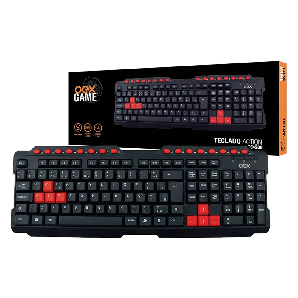 Teclado OEX Action TC200 USB ABNT2 PretoVermelho