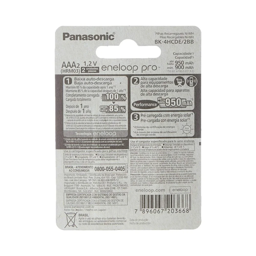 Pilha Recarregavel Panasonic Eneloop Pro 950ma Aaa Blister Com 2 Bk-4hcde/2bb