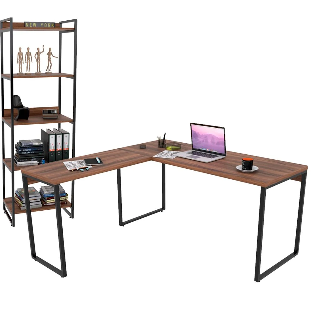 Kit Mesa De Escritório Industrial Em L Com Estante 5 Prateleiras Form C01 150x150 Nogal - Lyam Decor