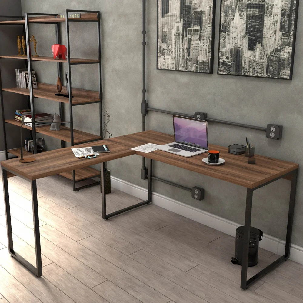 Kit Mesa De Escritório Industrial Em L Com Estante 5 Prateleiras Form C01 150x150 Nogal - Lyam Decor