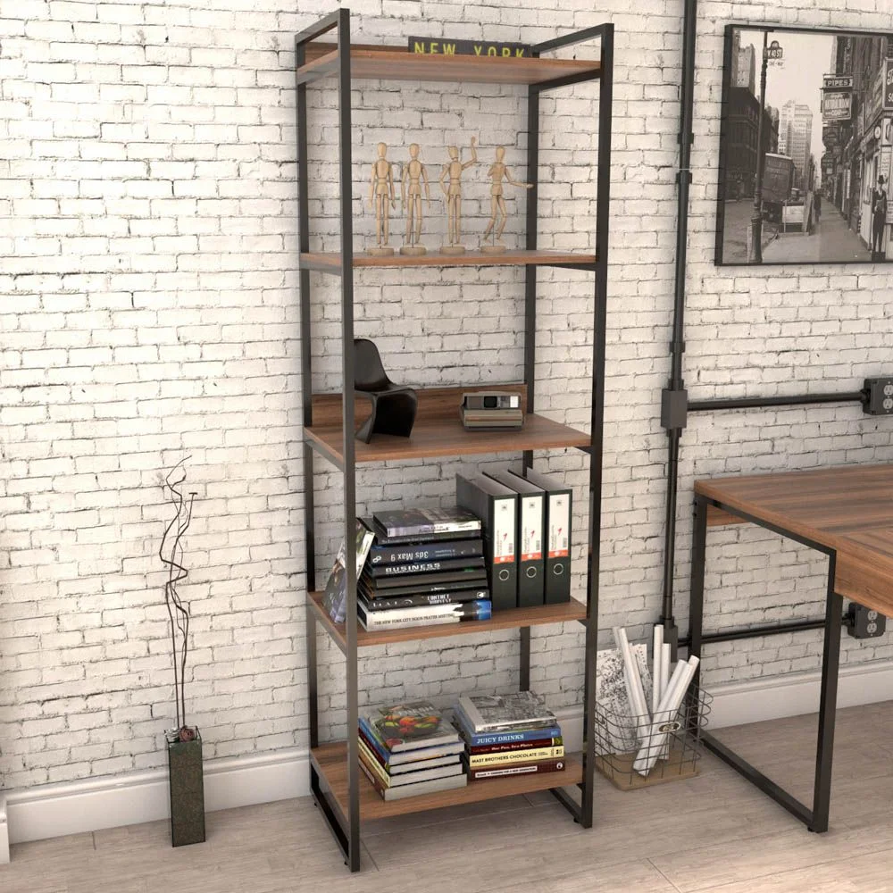 Kit Mesa De Escritório Industrial Em L Com Estante 5 Prateleiras Form C01 150x150 Nogal - Lyam Decor