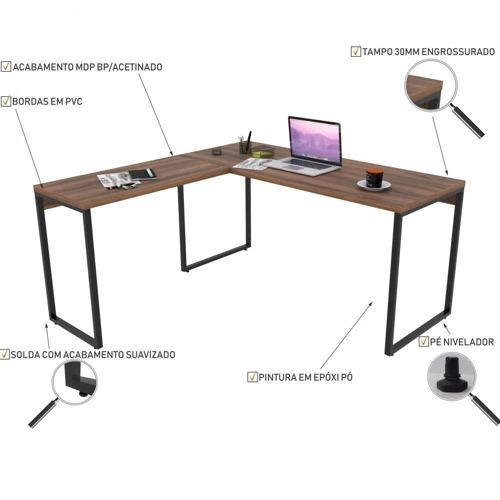 Kit Mesa De Escritório Industrial Em L Com Estante 5 Prateleiras Form C01 150x150 Nogal - Lyam Decor