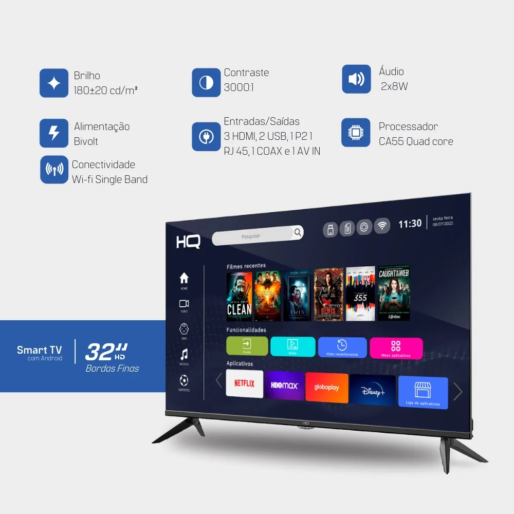Smart TV 32 Polegadas HQ LED HD, 3 HDMI, 2 USB, Wi-Fi, Android 11, Design Slim - Hqstv32nk - view 3