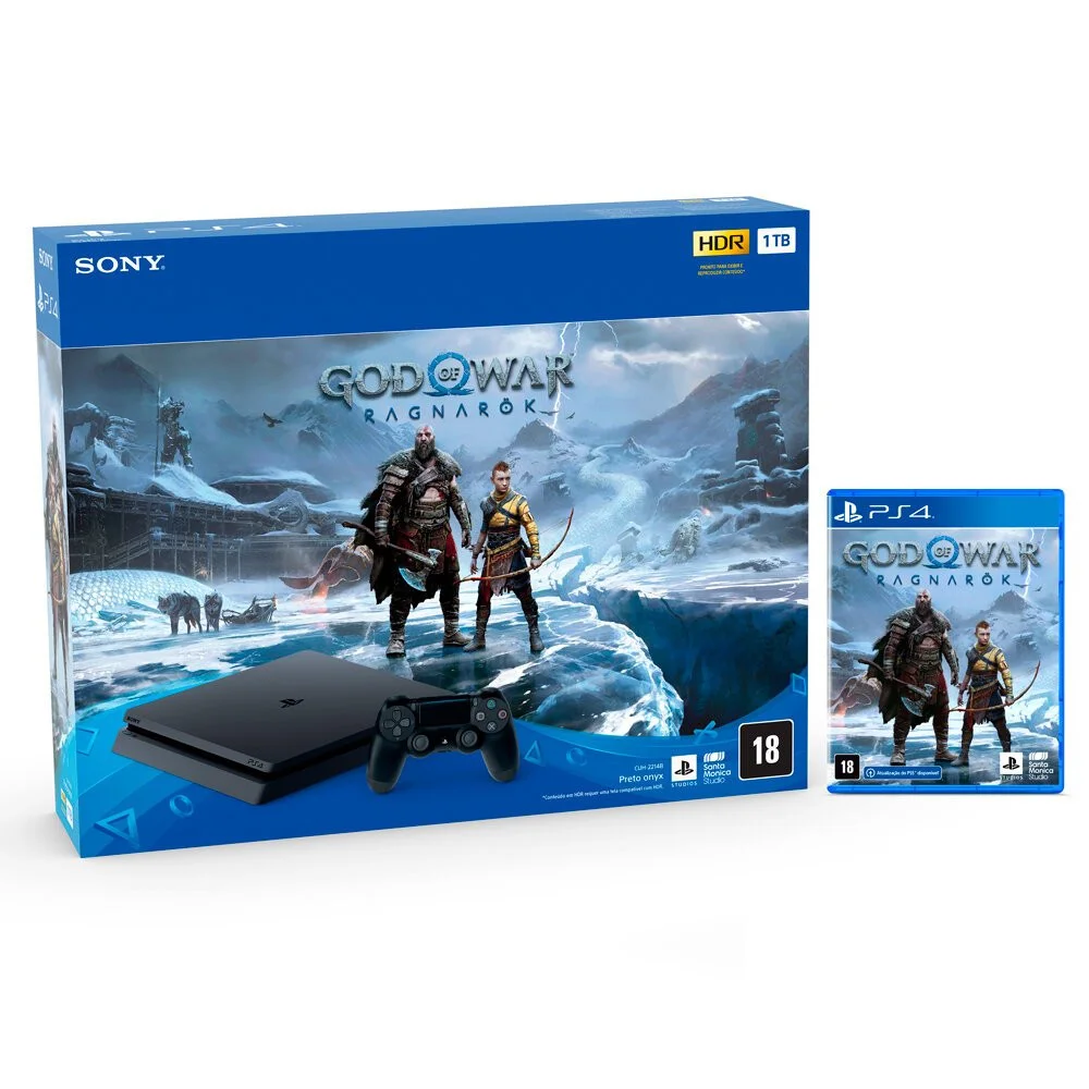Console Sony PS4 + Jogo God of War Ragnarök, 1TB, Preto - CUH-2214B. Console Sony PS4 + Jogo God of War Ragnarök, 1TB, Preto - CUH-2214B.