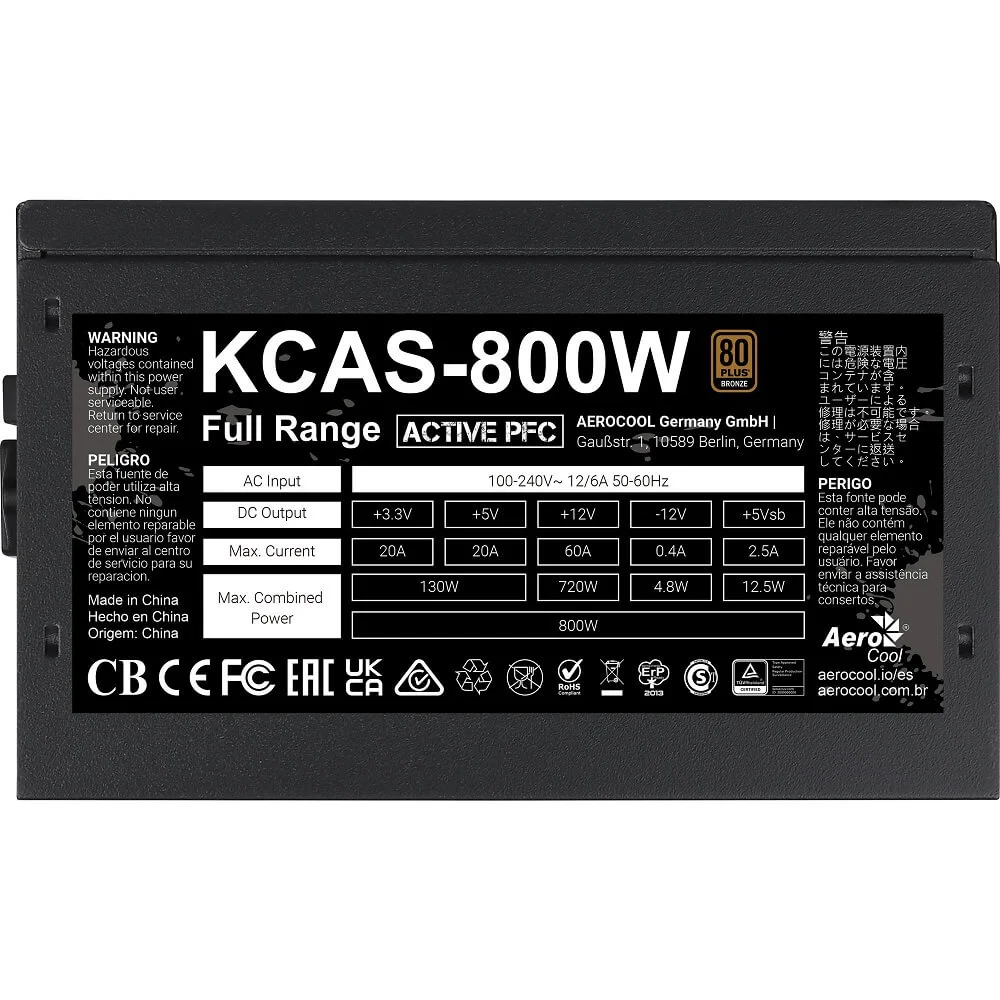 Fonte, Aerocool, KCAS, 800W, 80 Plus Bronze, não-modular, PFC Ativo, bivolt automática, sem LED/RGB, com cabo Fonte, Aerocool, KCAS, 800W, 80 Plus Bronze, não-modular, PFC Ativo, bivolt automática, sem LED/RGB, com cabo