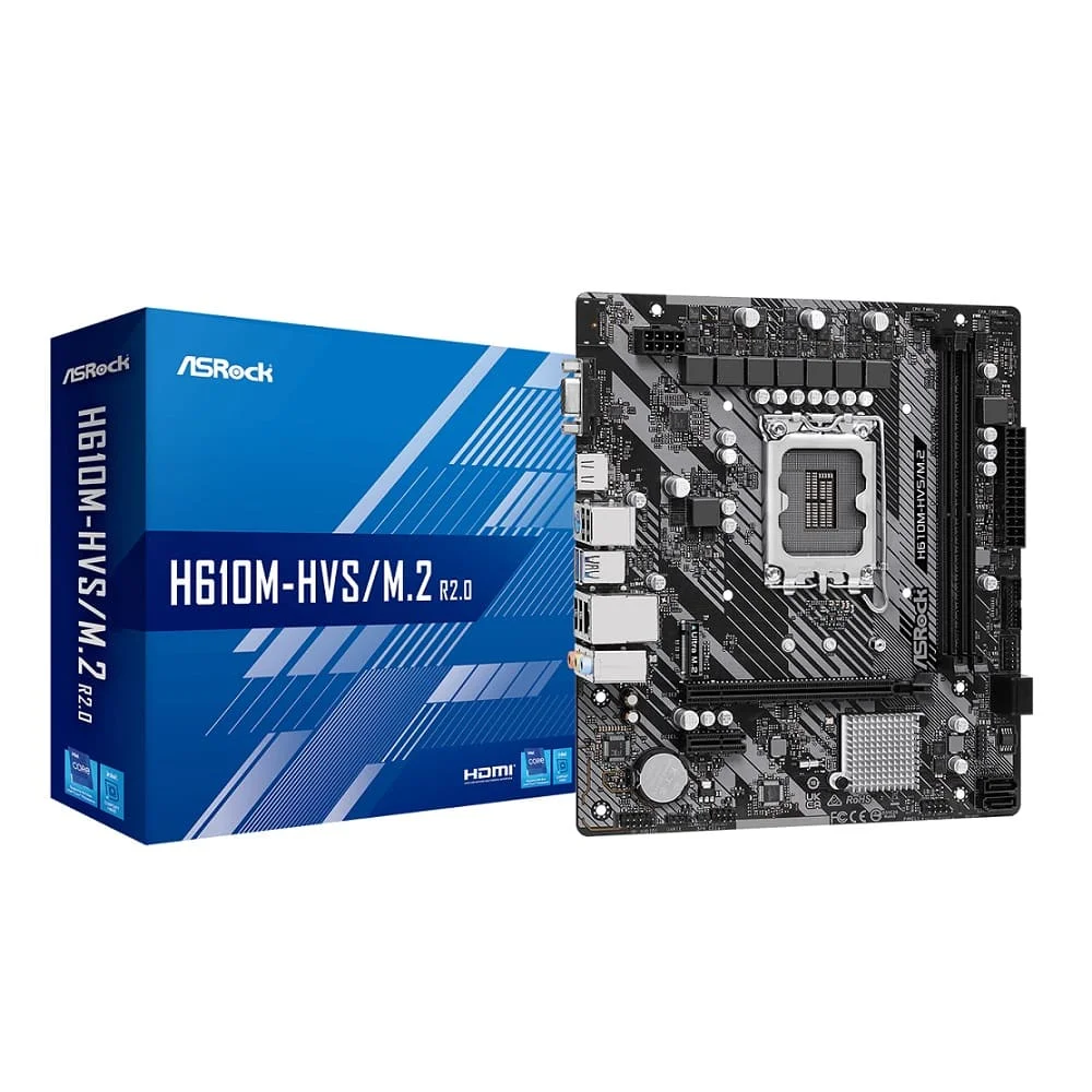 Placa-Mãe Asrock H610m, P/ Intel LGA 1700 (Intel 13ª E 12ª Geração), Matx, DDR4 - H610m-Hvs/M.2 R2.0 Placa-Mãe Asrock H610m, P/ Intel LGA 1700 (Intel 13ª E 12ª Geração), Matx, DDR4 - H610m-Hvs/M.2 R2.0