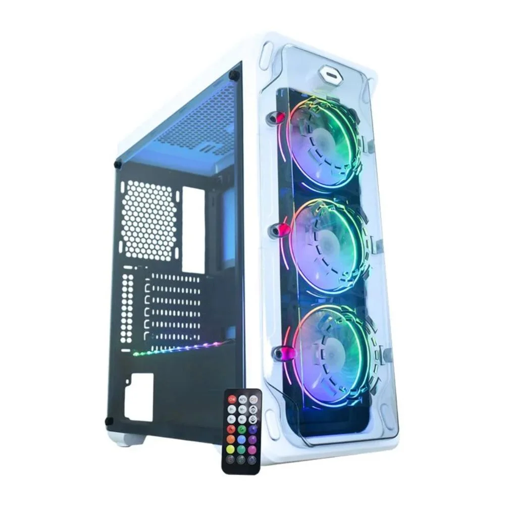 Gabinete Gamer K-mex Trooper W1b1, Lateral Em Acrílico + 3 Coolers E Fita LED RGB - Branco Gabinete Gamer K-mex Trooper W1b1, Lateral Em Acrílico + 3 Coolers E Fita LED RGB - Branco