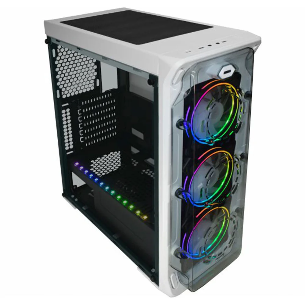 Gabinete Gamer K-mex Trooper W1b1, Lateral Em Acrílico + 3 Coolers E Fita LED RGB - Branco Gabinete Gamer K-mex Trooper W1b1, Lateral Em Acrílico + 3 Coolers E Fita LED RGB - Branco