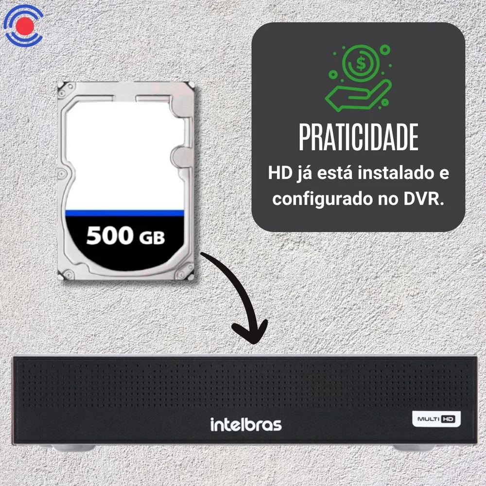 Kit 3 Câmeras Intelbras VHD 1220 B, G7 FULL Color Bullet, FULL HD 1080P, Multi HD IR 20M + DVR Gravador De Vídeo Intelbras MHDX 3004-c + HD 500GB